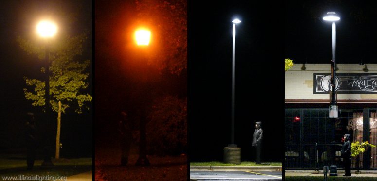 4 images showing a lit scene at night. In the first two the person under the light is barely visible with the 3rd and 4th images clearly showing the person.