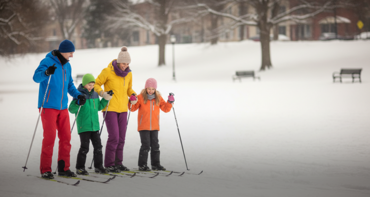 AI generated image of a family enjoying Nordic skiing in a local park