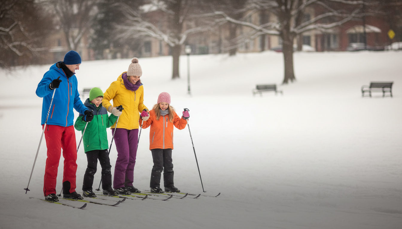 AI generated image of a family enjoying Nordic skiing in a local park